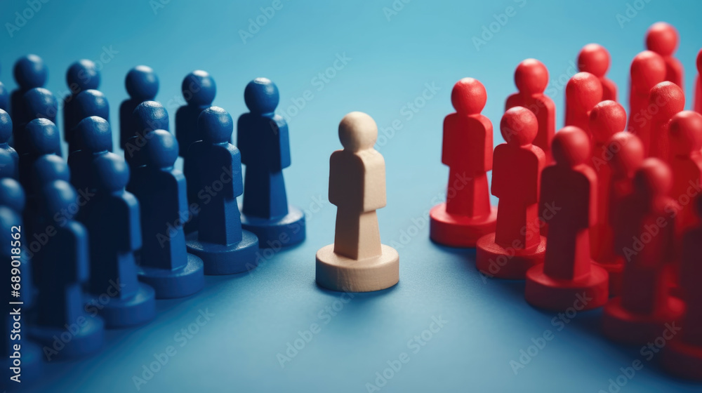 Neutral figure stands between divided blue and red groups. Concept of societal division and individuality. Neutral figure stands between divided blue and red groups. Concept of societal division and individuality.
