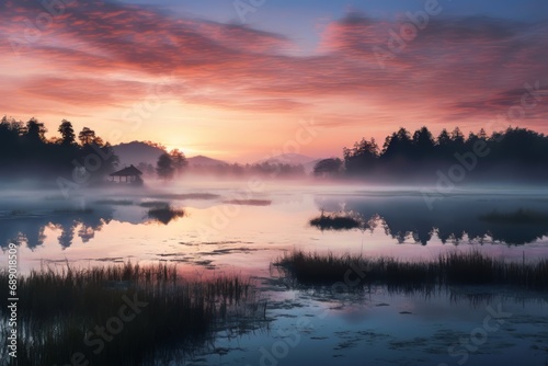 sunrise near the lake at tanah tajam, kasara, in the style of naturalistic landscape backgrounds, mist, uhd image, dao trong le, vivid color scheme, mirrored, eye-catching © PuiZera