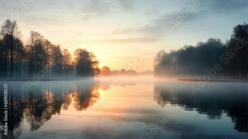 sunrise on a forest lake, in the style of dutch landscapes, light cyan and yellow, symmetrical arrangements, shot on 70mm, serene pastoral scenes, figurative naturalism