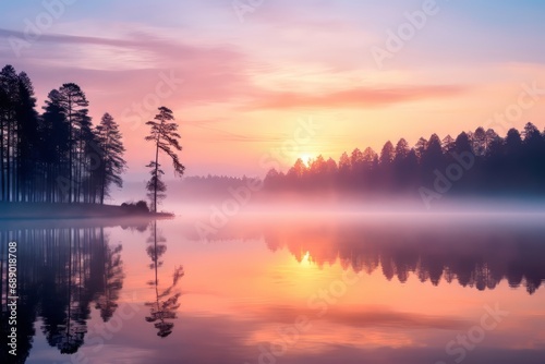 sunrise over an empty lake in forest with a forest around it, in the style of traditional vietnamese, light purple and orange, canon eos 5d mark iv, mist, light sky-blue and amber photo