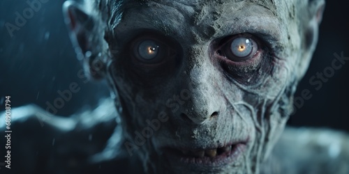 Close-up portrait of a zombie with hollow eyes and decaying skin, in a dark, eerie setting