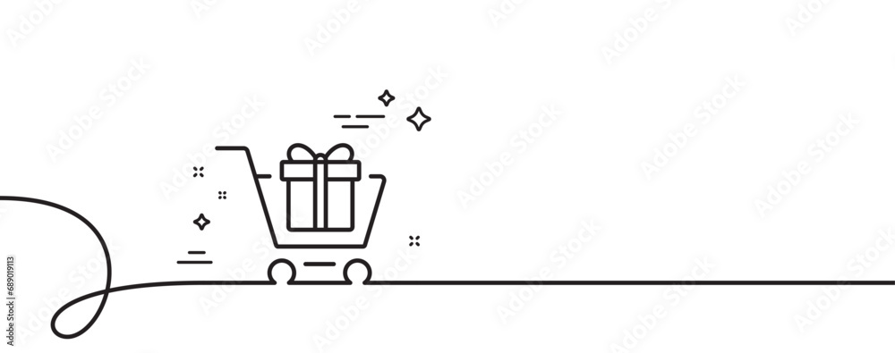 Shopping cart with Gift box line icon. Continuous one line with curl. Present or Sale sign. Birthday Shopping symbol. Package in Gift Wrap. Shopping cart single outline ribbon. Vector Shopping cart with Gift box line icon. Continuous one line with curl. Present or Sale sign. Birthday Shopping symbol. Package in Gift Wrap. Shopping cart single outline ribbon. Vector