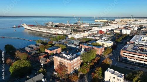 Downtown Newport News VA with waterfront. Aerial establishing shot in autumn. photo