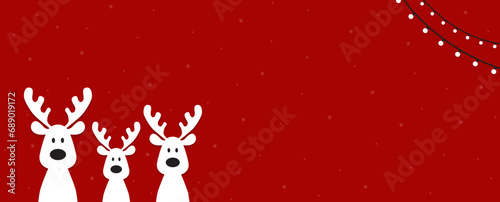 Cute Christmas reindeer on a red background. Christmas background, banner, or card.
