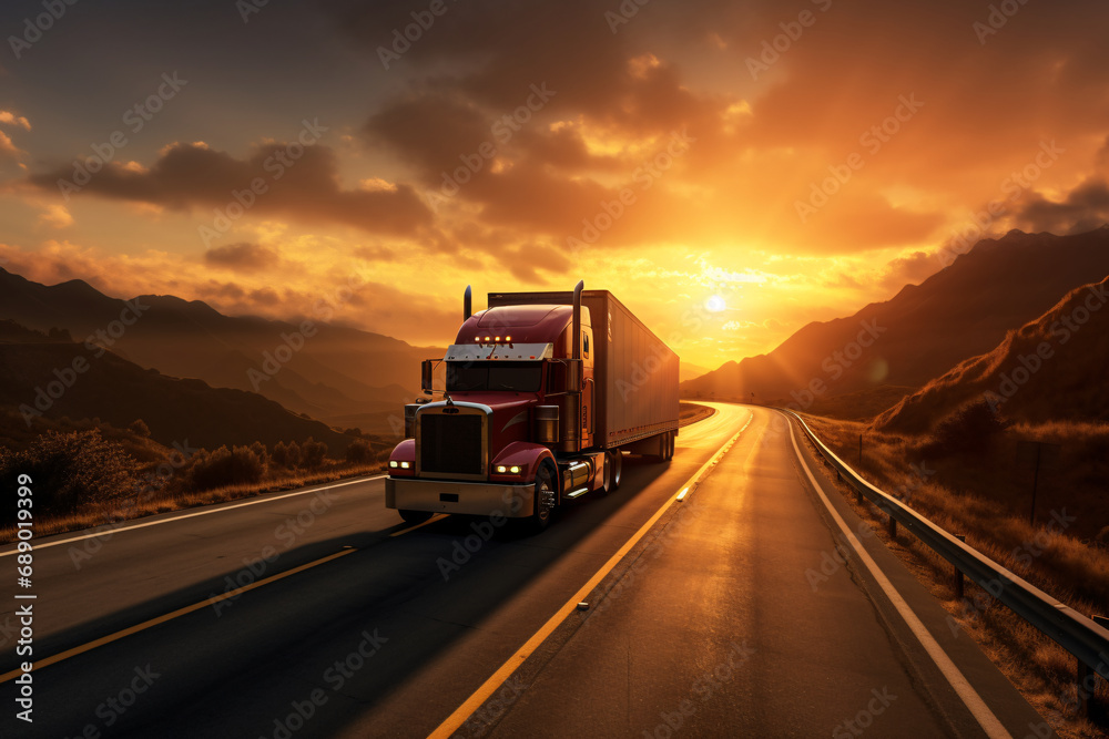 An American truck on the road during sunset