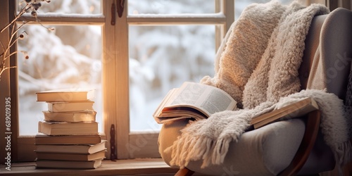 Cozy winter reading nook with a comfortable chair, soft blanket, and stack of books, near a frosty window