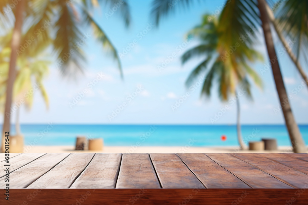 A wooden table for product display with a blurry beach vacation-themed background