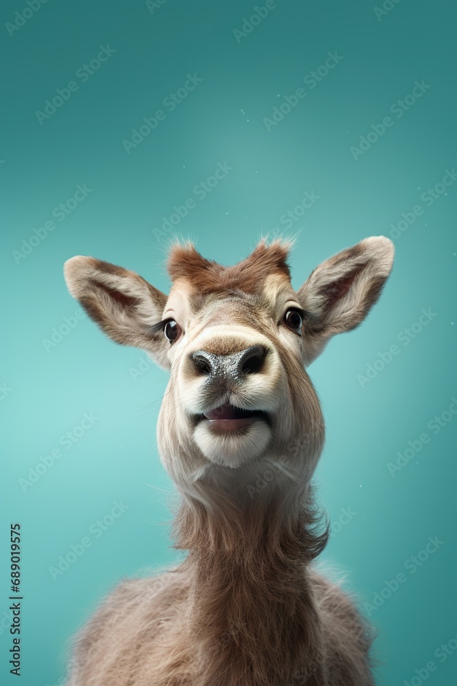 Curious fluffy reindeer character looking upwards, on a serene green studio background