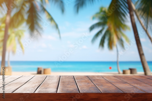 A wooden table for product display with a blurry beach vacation-themed background