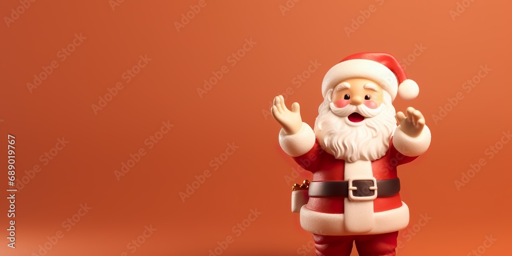 Cute animated Santa Claus character waving cheerfully, on a festive red studio background