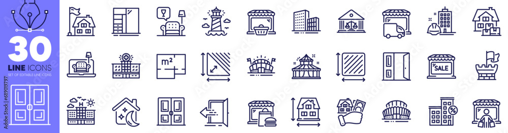 Floor plan, Lighthouse and Delivery truck line icons pack. Circus, Door, House dimension web icon. Entrance, Buying house, Open door pictogram. Cupboard, Home moving, Market sale. Vector