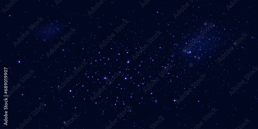 Realistic starry sky with blue glow of light. Bright stars with reflections in the dark sky. Vector illustration. EPS 10