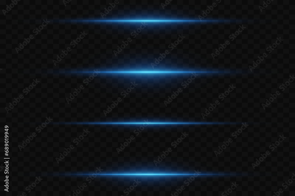 Horizontal light beams, glowing blue line of light, flash of blue horizontal highlights, laser beams, beautiful light flash, bright glow. - obrazy, fototapety, plakaty 