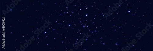 Realistic starry sky with blue glow of light. Bright stars with reflections in the dark sky. Vector illustration. EPS 10