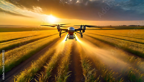 Close-up of a moving drone spraying pesticides or fertilizers on a cultivated field at sunrise or sunset.