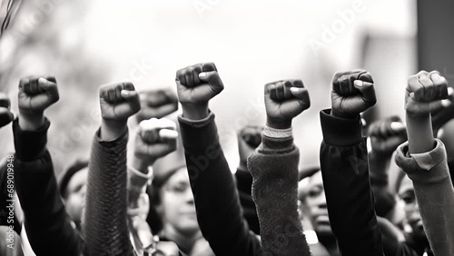 Raised fist moving Activist protesting against racism and fighting for equality Black lives matter demonstration on street for justice and equal rights Blm international movement concept photo