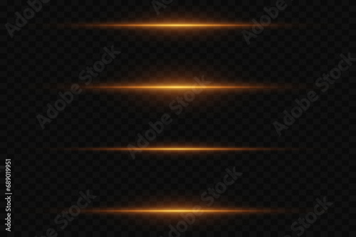 Gold neon stripes or light flash. Laser beams, horizontal beams. Beautiful reflections of light. Glowing stripes with a glare of light.