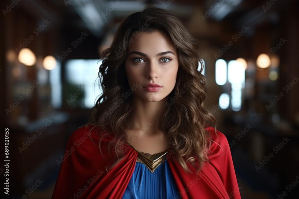 A woman with a red cape, portraying a formidable female superhero exuding the resilience and might of her gender, generative AI A woman with a red cape, portraying a formidable female superhero exuding the resilience and might of her gender, generative AI