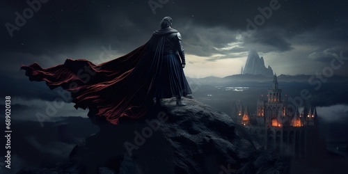 Dracula with a dramatic cape flowing, standing on a castle battlement under starry night