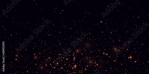 Realistic starry sky with golden glow of light. Bright stars with reflections in the dark sky.