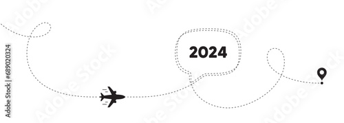 2024 year icon. Plane travel path line banner. Event schedule annual date. 2024 annum planner. 2024 speech bubble message. Plane location route. Dashed line. Vector
