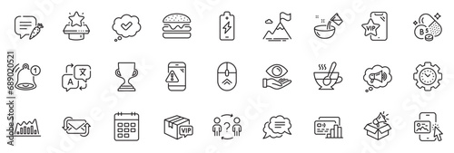 Icons pack as Translate, Chat bubble and Warning message line icons for app include Cooking water, Reminder, Tea cup outline thin icon web set. Swipe up, Calendar, Time management pictogram. Vector