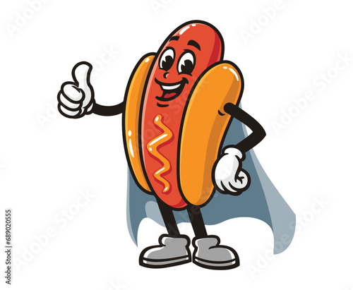 Superhero Hot dog Cartoon mascot illustration character vector with Thumbs up 