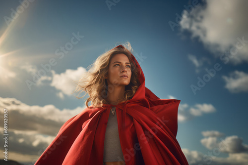 A female superhero  characterized by her red cape  showcasing the unwavering power and determination intrinsic to women  generative AI
