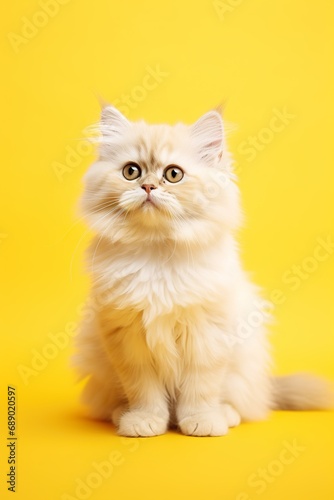 Fluffy cat character sitting adorably, on a bright yellow studio background