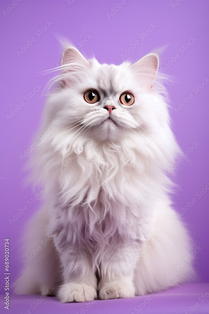Fluffy cat character sitting adorably, with big, expressive eyes on a lavender studio background