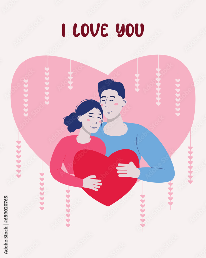 Greeting card with Couple in love with big red heart. I love you. Greeting card with Couple in love with big red heart. I love you.