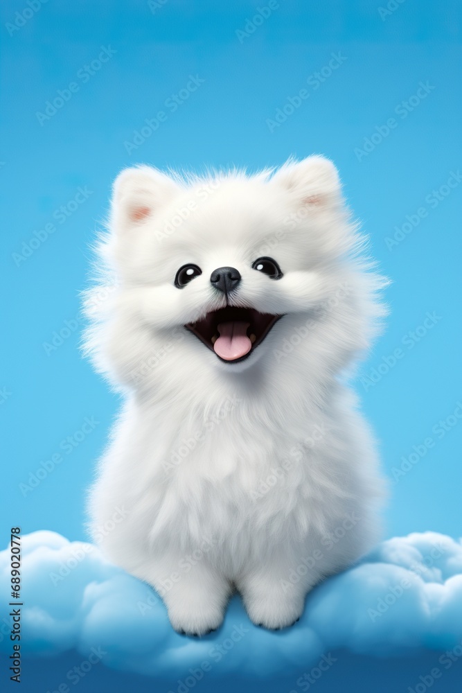 Fluffy dog cartoon character sitting with a big smile, on a sky blue studio background