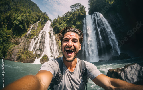 tourist man take selfie with a waterfall © Kien
