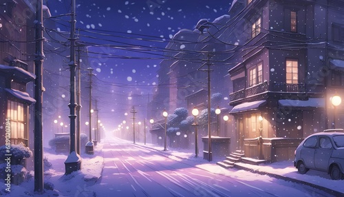 Snow-covered Cityscape Urban Street Night Sky ~ Created with Generative AI.