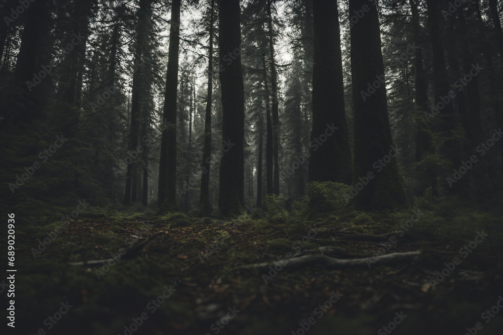 A view of the forest full of trees and an eerie atmosphere in the evening