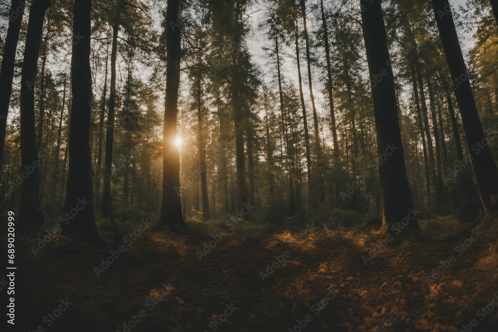A view of the forest full of trees and an eerie atmosphere in the evening A view of the forest full of trees and an eerie atmosphere in the evening