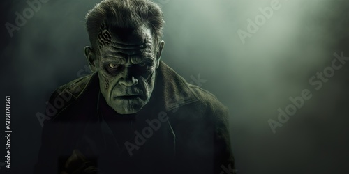 Frankenstein's monster emerging from shadows, with a menacing and powerful posture