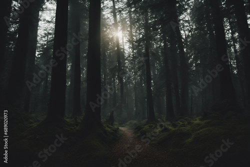 A view of the forest full of trees and an eerie atmosphere in the evening