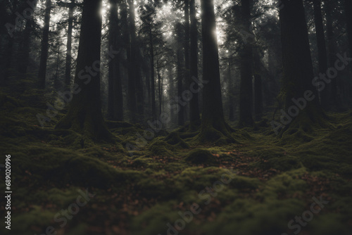 A view of the forest full of trees and an eerie atmosphere in the evening