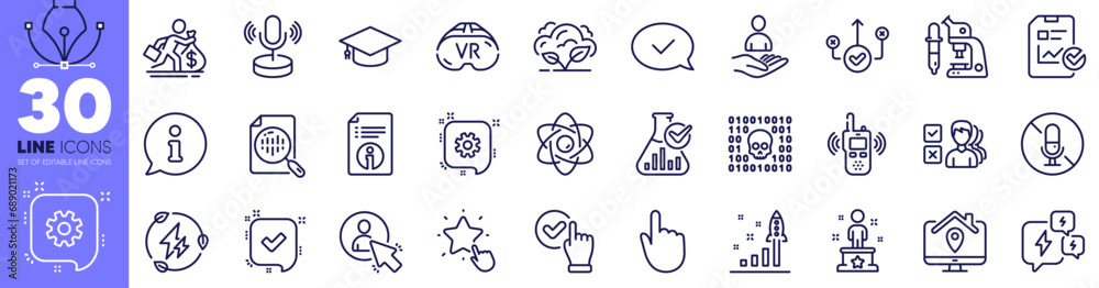 Vr, Info and Cogwheel line icons pack. Hand click, Transmitter, Opinion web icon. Correct way, Checkbox, No microphone pictogram. User, Stress, Recruitment. Report checklist, Microphone. Vector