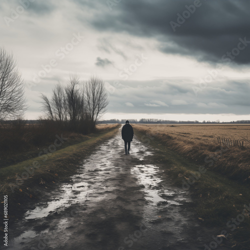 person walking on muddy road