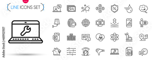 Pack of Hydroelectricity, Flight mode and Laptop repair line icons. Include 24h service, Cogwheel, Wallet pictogram icons. Company, Documentation, Journey signs. Wall lamp, Manual. Vector