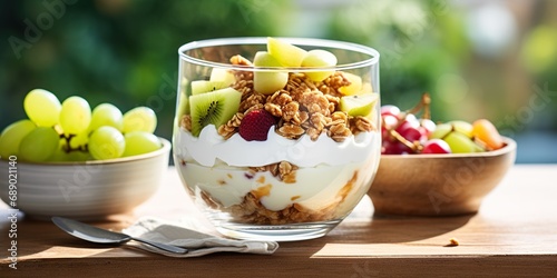 Healthy breakfast setup with fruits, yogurt, and granola, ideal for fitness enthusiasts, including copy space