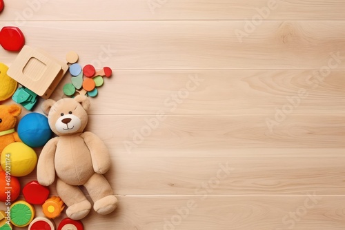 Top view of kids toys frame on wooden background with copy space. photo