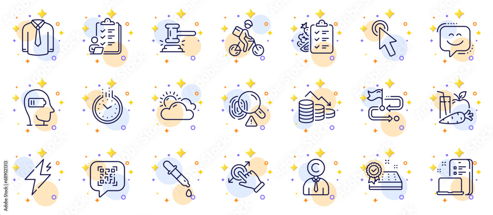 Outline set of Juice, Device and Time line icons for web app. Include Touchscreen gesture, Delivery bike, Travel path pictogram icons. Fingerprint, Money loss, Chemistry pipette signs. Vector