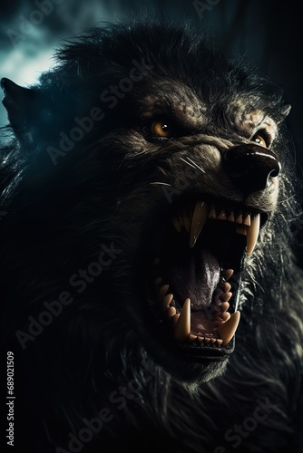 Intense close-up of a werewolf snarling, with a full moon in the background