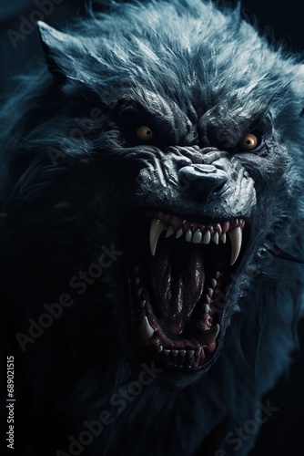 Intense close-up of a werewolf snarling, with a full moon in the background