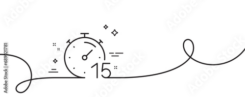 Timer 15 minutes line icon. Continuous one line with curl. Stopwatch time sign. Countdown clock symbol. Timer single outline ribbon. Loop curve pattern. Vector