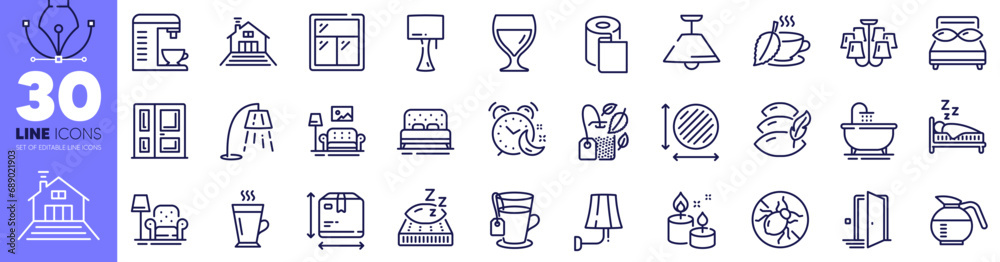 Alarm, Paper wallpaper and Aroma candle line icons pack. Mattress, Entrance, Bath web icon. Box size, Stand lamp, Ceiling lamp pictogram. Tea, Coffeepot, Mint bag. Circle area, Terrace, Sleep. Vector