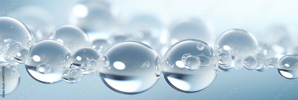 Close-up of white transparent drops liquid bubbles, banner